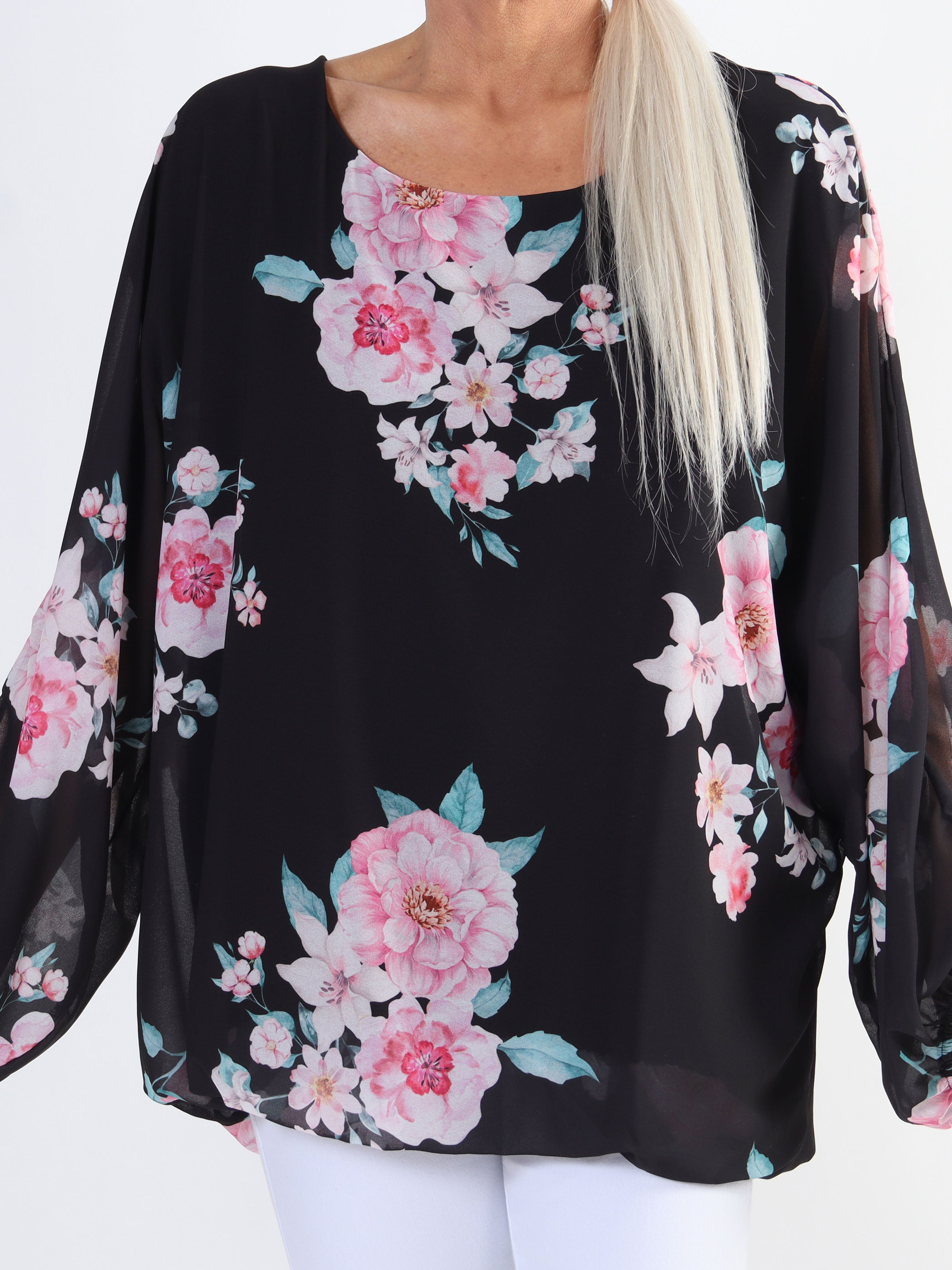 Destiny Rose - Plus size bluse i chiffon med bonderoser